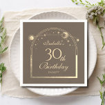 Celestial Mocha Gold Sun Moon Stars 30th Birthday Napkin<br><div class="desc">Celestial Mocha Gold Sun Moon Astronomy 30th Birthday Paper Napkins features an elegant gold sun,  moon and stars with a golden frame on a mocha background. Inside is your custom thirtieth birthday information. Personalize by editing the text in the text boxes. Designed for you by Evco Studio www.zazzle.com/store/evcostudio</div>