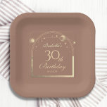 Celestial Mocha Gold Sun Moon Stars 30th Birthday Paper Plate<br><div class="desc">Celestial Mocha Mousse Gold Sun Moon Astronomy 30th Birthday Paper Plates features an elegant gold sun, moon and stars with a golden frame on a mocha mousse background. Inside is your custom thirtieth birthday information. Personalize by editing the text in the text boxes. Designed for you by Evco Studio www.zazzle.com/store/evcostudio...</div>