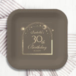 Celestial Mocha Gold Sun Moon Stars 30th Birthday Paper Plate<br><div class="desc">Celestial Mocha Gold Sun Moon Astronomy 30th Birthday Paper Plates features an elegant gold sun,  moon and stars with a golden frame on a mocha background. Inside is your custom thirtieth birthday information. Personalize by editing the text in the text boxes. Designed for you by Evco Studio www.zazzle.com/store/evcostudio</div>