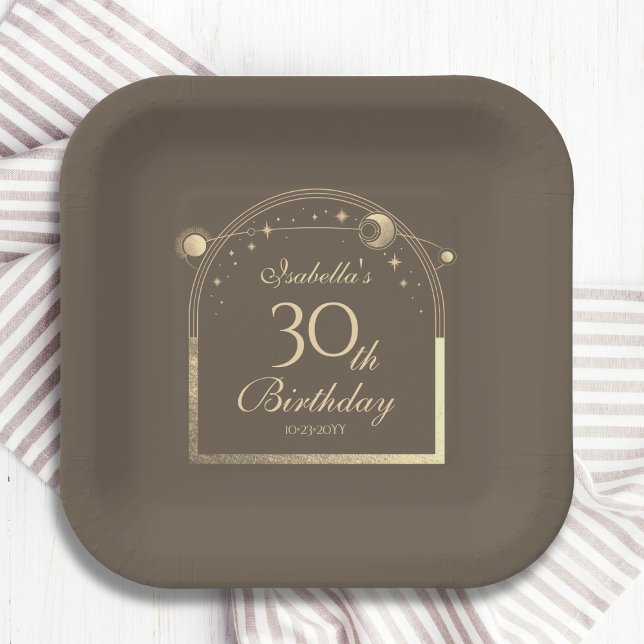 Celestial Mocha Gold Sun Moon Stars 30th Birthday Paper Plate (Creator Uploaded)