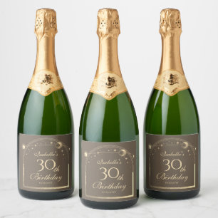 Celestial Mocha Gold Sun Moon Stars 30th Birthday Sparkling Wine Label