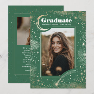 Celestial Modern Green Graduate Photo Graduation Announcement