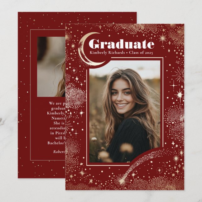 Celestial Modern Red Graduate Photo Graduation Announcement (Front/Back)