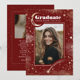 Celestial Modern Red Graduate Photo Graduation Announcement