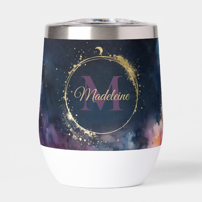 Celestial Monogram Blue Gold Galaxy Sky Planets (Front)