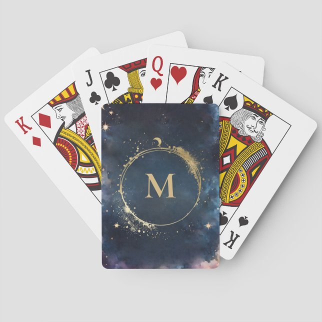 Celestial Monogram Blue Gold Galaxy Sky Planets Playing Cards (Back)