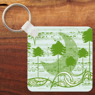 Celestial Moon and Musical Green Pine Trees Keychain
