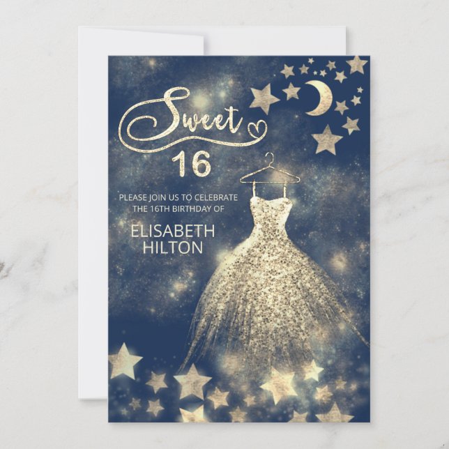 Celestial moon and stars calligraphy sweet sixteen invitation (Front)