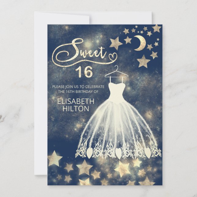 Celestial moon and stars calligraphy sweet sixteen invitation (Front)