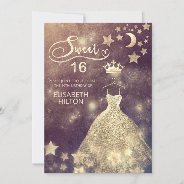 Celestial moon and stars calligraphy sweet sixteen invitation (Front)
