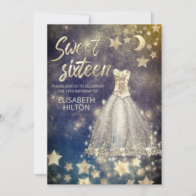 Celestial moon and stars calligraphy sweet sixteen invitation (Front)