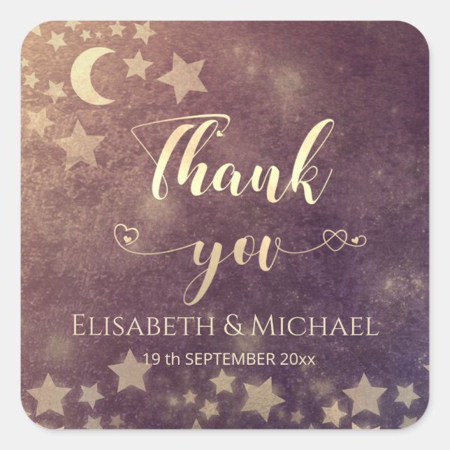 Celestial  moon and stars calligraphy thank you  square sticker (Front)
