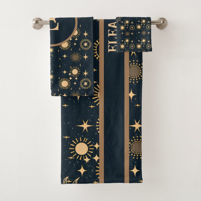 Celestial Moon and Sun Gold and Blue Personalized  Bath Towel Set (Insitu)