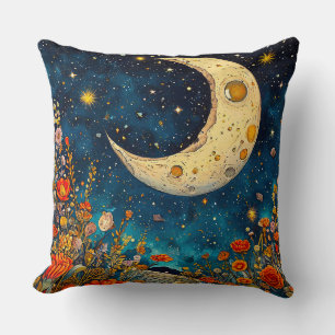 Celestial Moon and Vibrant Flowers Throw Pillow