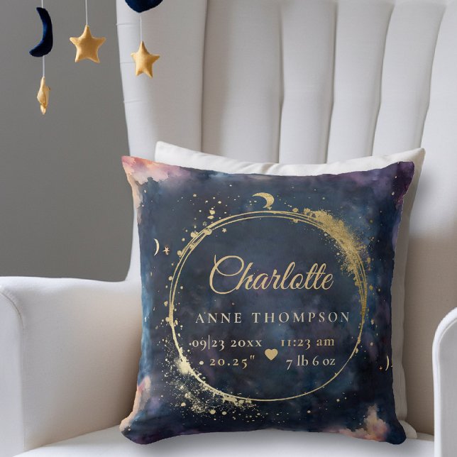 Celestial Moon Birth Stats Keepsake Navy Nursery Throw Pillow (celestial baby birth stats keepsake throw pillow star moon cosmos galaxy boho nursery decor)