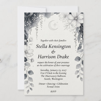 Celestial Moon, Black and White Cosmos, Eucalyptus Invitation