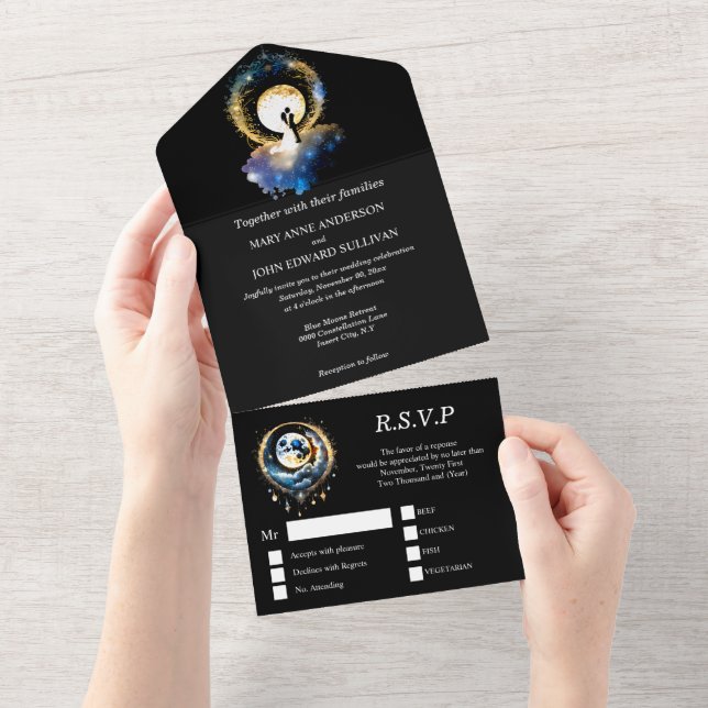 Celestial moon bridal couple silhouette starry  all in one invitation (Tearaway)