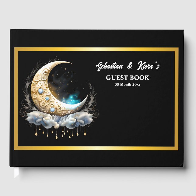 Celestial moon couple silhouette starry night guest book (Front)