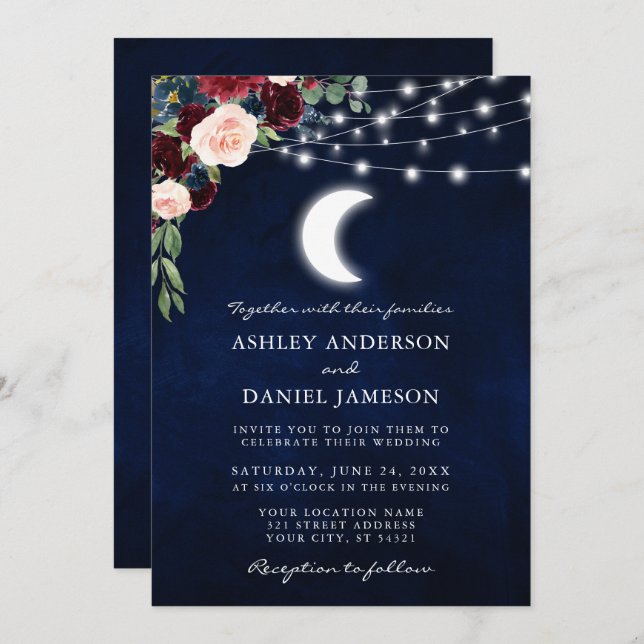 Celestial Moon Floral Lights Photo Wedding Invitation (Front/Back)