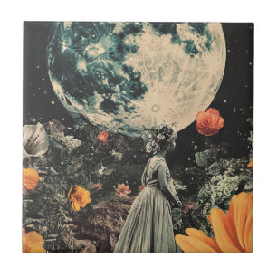 Celestial Moon Garden Sepia Floral Girl Tile