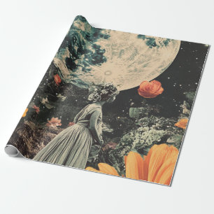 Celestial Moon Garden Sepia Floral Girl Wrapping Paper