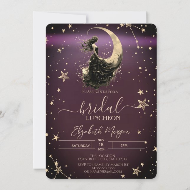 Celestial Moon Girl Stars Luncheon Burgundy Invitation (Front)