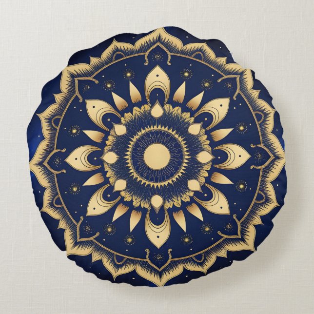 Celestial Moon Mandala Design | Navy Blue & Gold S Round Pillow (Back)
