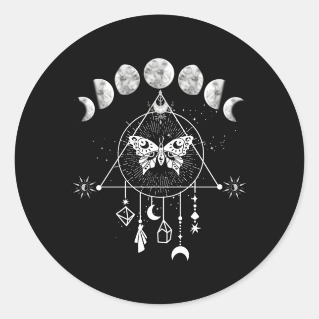 Celestial Moon Phase Moth Crystals Stars Classic Round Sticker (Front)