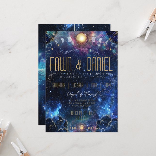 Celestial Moon Phase Wedding Invitations (Front/Back In Situ)