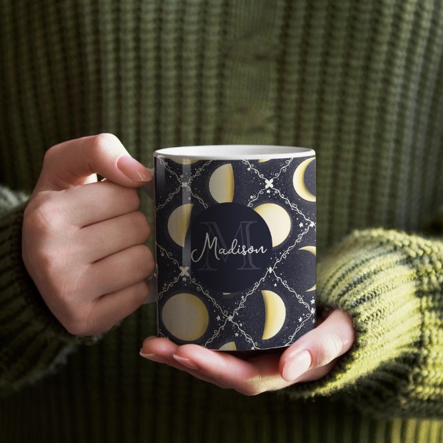 Celestial Moon Phases Pattern Coffee Mug (Moon Phases Mug Pattern with Monogram)