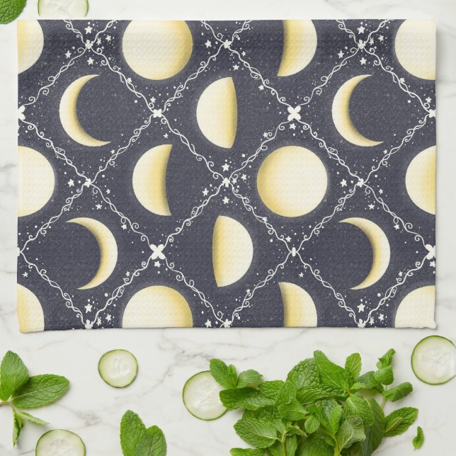 Celestial Moon Phases Pattern Kitchen Towel (Folded)