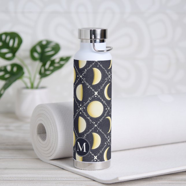 Celestial Moon Phases Pattern & Monogram Water Bottle (Yoga)