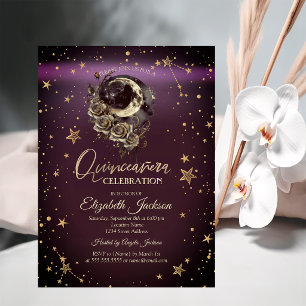 Celestial Moon Roses Stars Burgundy Quinceanera Invitation