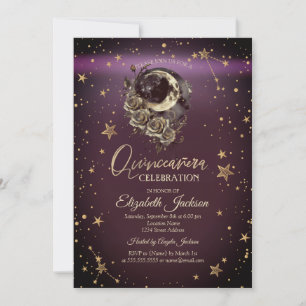 Celestial Moon Roses Stars Burgundy Quinceanera Invitation