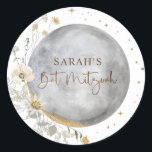 Celestial Moon, Silver, White and Gold Bat Mitzvah Classic Round Sticker<br><div class="desc">Elegant favour and / or envelope seal Bat Mitzvah sticker with beautiful watercolor celestial moon and stars design coordinating our "Chic Celestial Silver, White and Gold Bat Mitzvah" invitation. Same design from the back of invitation. Dainty stars, Bat Mitzvah phrase and corner moon details in faux gold foil. Personalize this...</div>