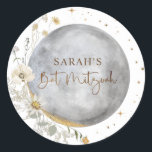 Celestial Moon, Silver, White and Gold Bat Mitzvah Classic Round Sticker<br><div class="desc">Elegant favour and / or envelope seal Bat Mitzvah sticker with beautiful watercolor celestial moon and stars design coordinating our "Chic Celestial Silver, White and Gold Bat Mitzvah" invitation. Same design from the back of invitation. Dainty stars, Bat Mitzvah phrase and corner moon details in faux gold foil. Personalize this...</div>