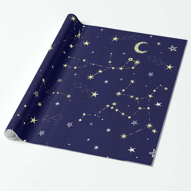 celestial moon star constellation blue wrapping paper (Unrolled)