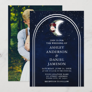 Celestial Moon Stars Arch Floral Photo Wedding Invitation
