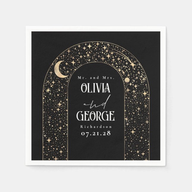 Celestial Moon Stars Black Wedding  Napkin (Front)
