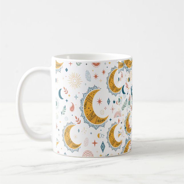 Celestial Moon Stars Boho Pattern Coffee Mug (Left)