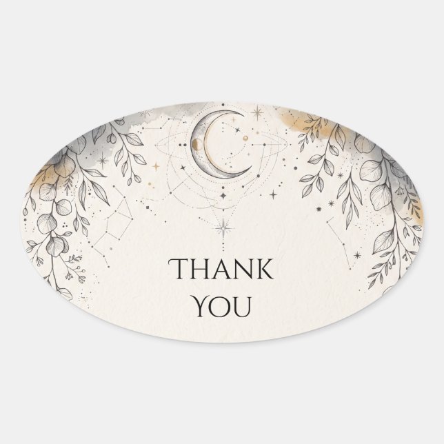 Celestial Moon Stars Botanical Wedding Oval Sticker (Front)