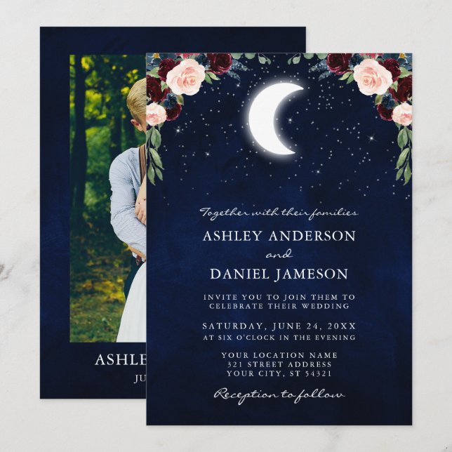 Celestial Moon Stars Burgundy Floral Photo Wedding Invitation (Front/Back)