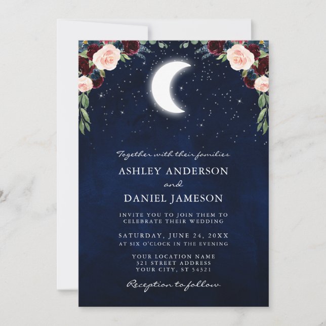 Celestial Moon Stars Burgundy Floral Wedding Invitation (Front)