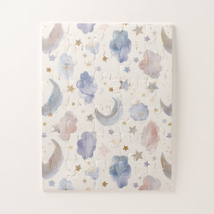 Celestial Moon Stars Clouds Watercolor Pastels Jigsaw Puzzle