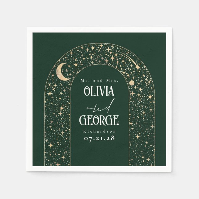 Celestial Moon Stars Emerald Green Wedding  Napkin (Front)