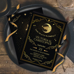 Celestial Moon & Stars Faux Gold Wedding Invitation