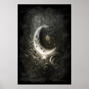 Celestial Moon Stars Floral Vintage Tarot Wall Poster