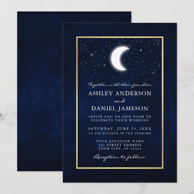 Celestial Moon Stars Gold Wedding Invitation (Front/Back)