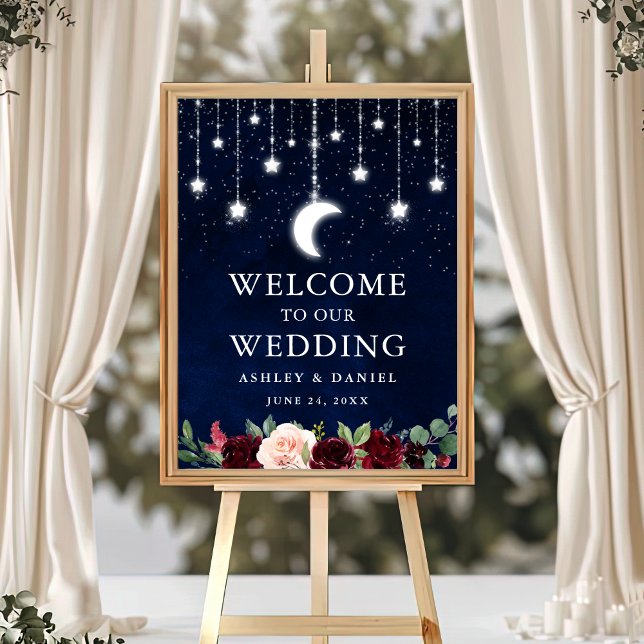 Celestial Moon Stars Lights Floral Wedding Welcome Poster (Customize to change text color, text size, text style or size of poster.)