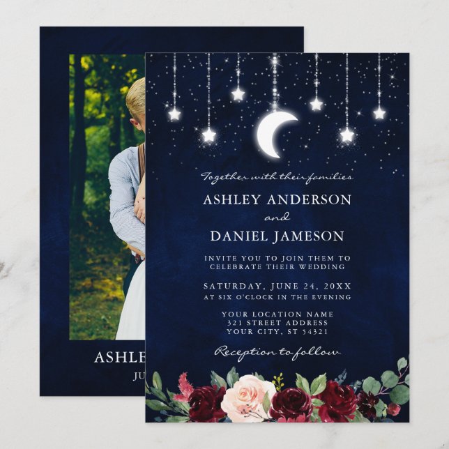Celestial Moon Stars Lights Wedding Floral Photo Invitation (Front/Back)